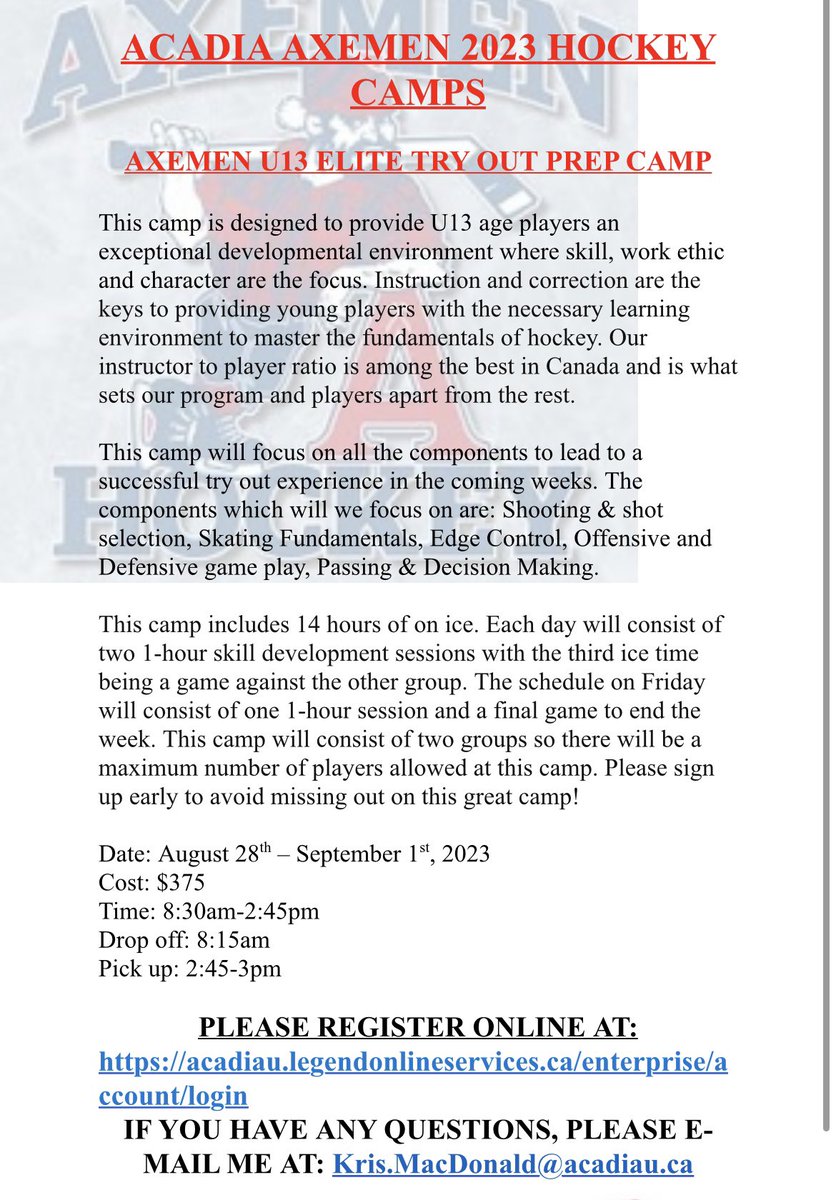 Last chance to register for your U13 Youth for our Elite Try Out Prep Camp, only a couple of spots remain so ensure you don’t miss out… register today by clicking here: acadiau.legendonlineservices.ca/enterprise/acc…