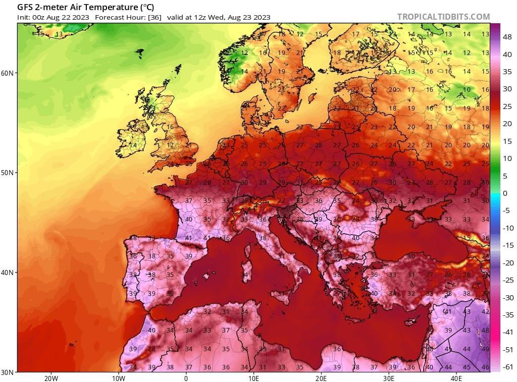 Previsioni meteo per domani in Europa. Ma tranquilli, è tutto a posto, ci aspetta un futuro roseo come i colori della mappa. #GlobalBoiling