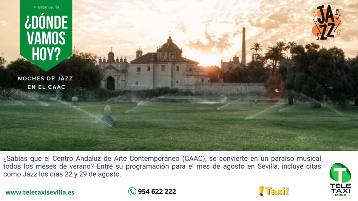 ¿𝑫ó𝒏𝒅𝒆 𝒗𝒂𝒎𝒐𝒔 𝒉𝒐𝒚? Si te gusta el jazz, el <a href="/caac_sevilla/">CAAC - Centro Andaluz de Arte Contemporáneo</a> incluye en su programación Jazz para esta noche y el próximo 29 de agosto, a las 22h. Desde #TeletaxiSevilla #Tellevamos😉🚖. 📞 954 622 222

Descubre más planes de #ocio en #Sevilla 👉 teletaxisevilla.es/agenda-de-agos…