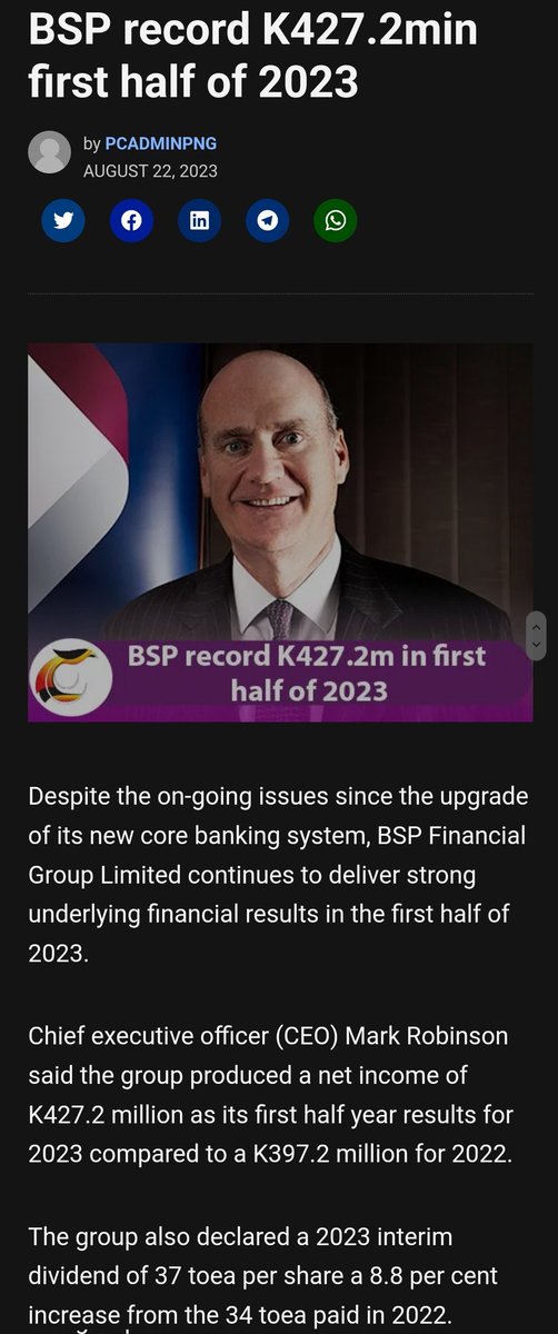 SamoNaro's tweet photo. Dear #PNG

BSP dividend interim is 2.8%, still the best in the world! 16.8%  TTM. 

"EX DATE" is the last day you can buy shares to register for Oct dividends at JMP Securities or Kina Wealth Management for 2K min.

Ex date - 22/9/23
Record  - 25/9/23
Pay date- 13/10/23 https://t.co/76KB3eB6FJ