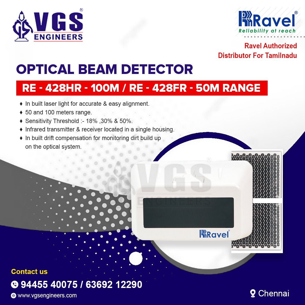 vgsengineer's tweet photo. Illuminate Safety with Optical Beam Detectors - VGS Engineers! 

RE-428HR (100M) &amp; RE-428FR (50M) Range.

Key Features:

Built-in Laser Light for easy alignment.
Choose from 50m or 100m range.
Customizable Sensitivity Threshold: 18%, 30%, 50%. https://t.co/YyWXxhLpb0