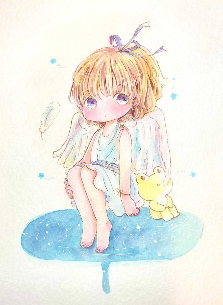 「乾いたらもう少しキラキラにイエロー入れて、完成です。また明日1枚描きたいなぁ 」|チコリ@✨🐸羽根🪶としっぽ展のイラスト