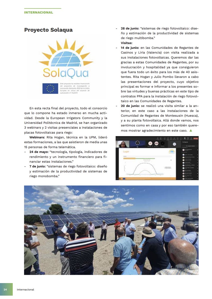 We would like to point out that since December of 2021, EIC has launched several articles on the project in the quarterly magazine Boletín Intercuencas. You can check all of them at sol-aqua.eu/2023/08/22/sol…
#SolAqua #solarenergynergy #Eu #H2020 #europe #solarirrigation