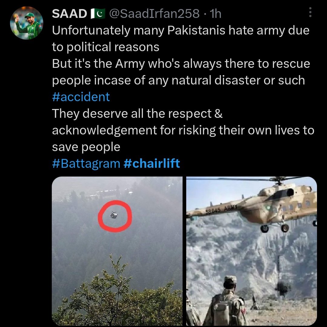 AzadKhyaal's tweet photo. no honey, it's army who never allows any institution to grow &amp; become able to rescue in different situations. army has crippled EVERY institution so that they can keep filling the spot of messiahs &amp; rescuers. 
#chairlift #battagram https://t.co/sOQlHkRT9x