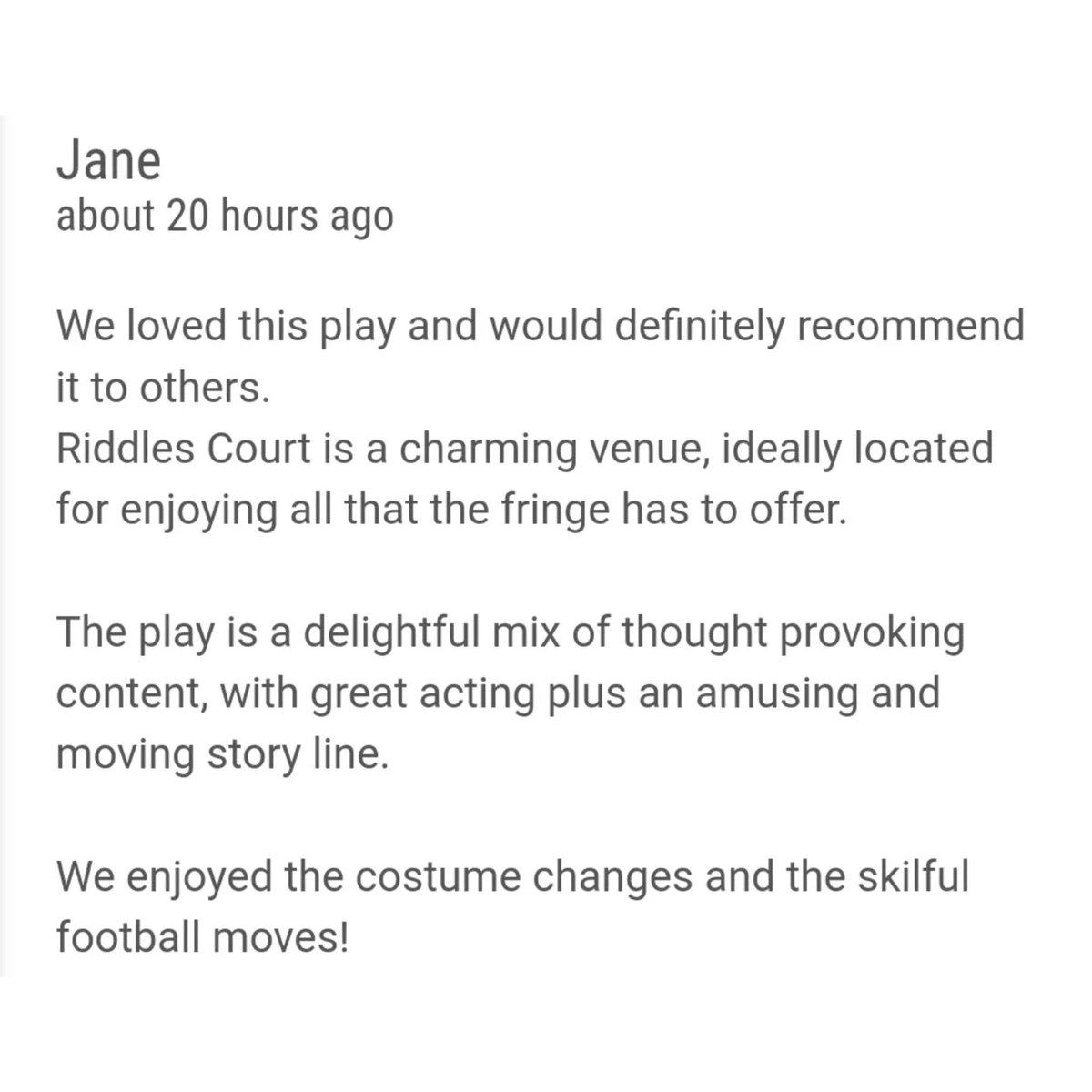PinTheatre's tweet photo. Have some more wonderful audience feedback from the fringe website 🥹🙌🏻🎊

Thank you, thank you, thank you ❤️

🎟 https://t.co/hOiWeQoGGV 

#fringerecommendations #EdFringe2023 https://t.co/1nKIOjU5Cn