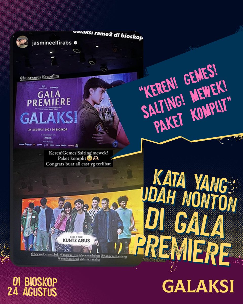 RapiFilm's tweet photo. Terharu gini liat komentar teman-teman yang sudah nonton Galaksi di Gala Premiere 🥹🫶🏻

Makasih ya, udah terhibur sama film GALAKSI ❤️

DUA HARI LAGI!!! Teman-teman lainnya juga bisa menyaksikan film Galaksi di bioskop. Sabar ya!

#FilmGalaksi #Galaksi #Kejora #Ravispa https://t.co/b53ZtZsKOa