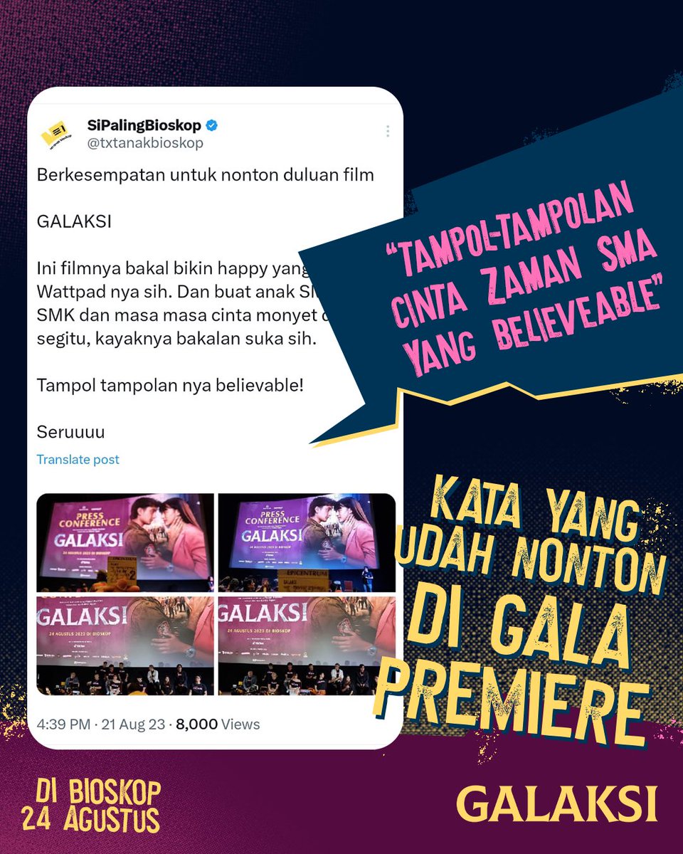 RapiFilm's tweet photo. Terharu gini liat komentar teman-teman yang sudah nonton Galaksi di Gala Premiere 🥹🫶🏻

Makasih ya, udah terhibur sama film GALAKSI ❤️

DUA HARI LAGI!!! Teman-teman lainnya juga bisa menyaksikan film Galaksi di bioskop. Sabar ya!

#FilmGalaksi #Galaksi #Kejora #Ravispa https://t.co/b53ZtZsKOa