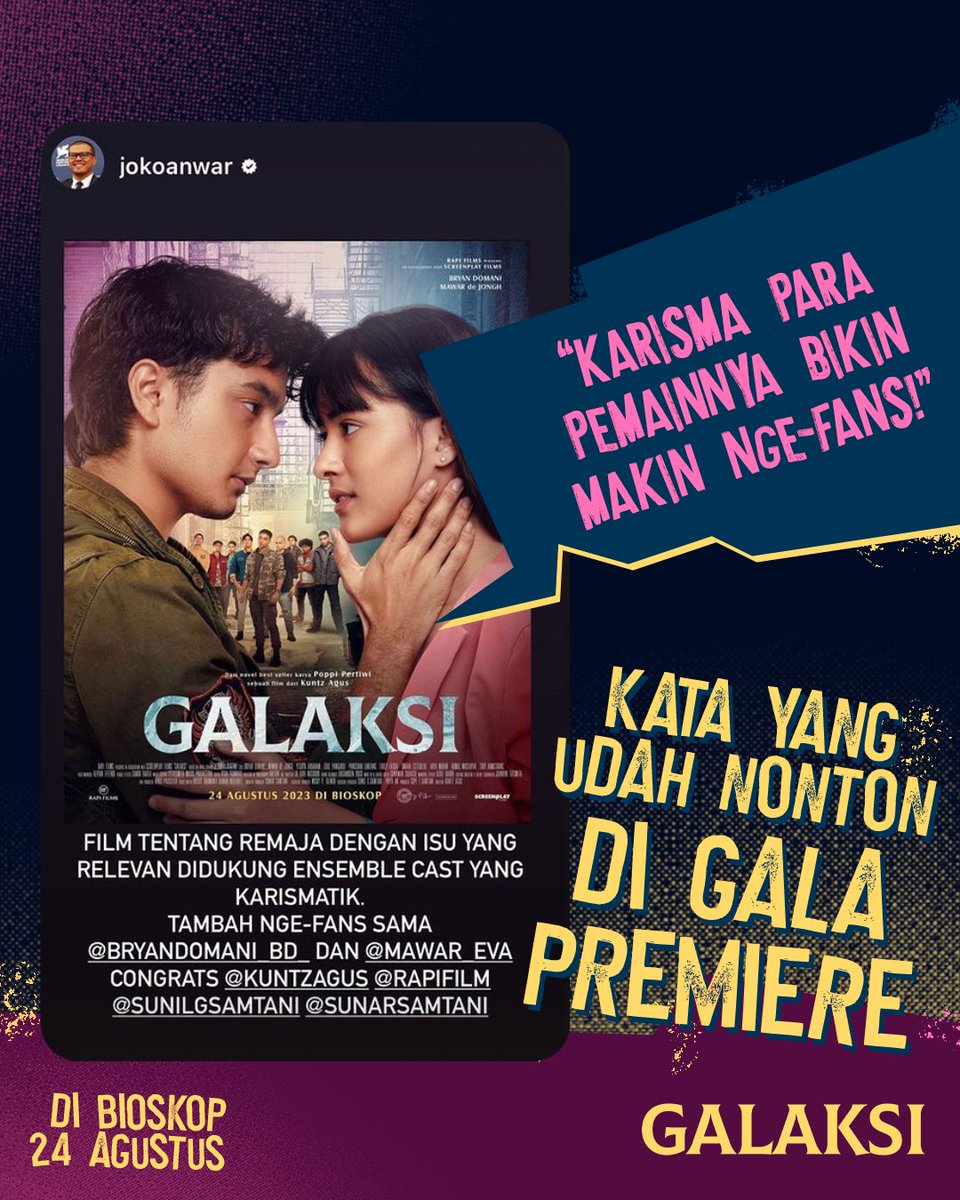 RapiFilm's tweet photo. Terharu gini liat komentar teman-teman yang sudah nonton Galaksi di Gala Premiere 🥹🫶🏻

Makasih ya, udah terhibur sama film GALAKSI ❤️

DUA HARI LAGI!!! Teman-teman lainnya juga bisa menyaksikan film Galaksi di bioskop. Sabar ya!

#FilmGalaksi #Galaksi #Kejora #Ravispa https://t.co/b53ZtZsKOa
