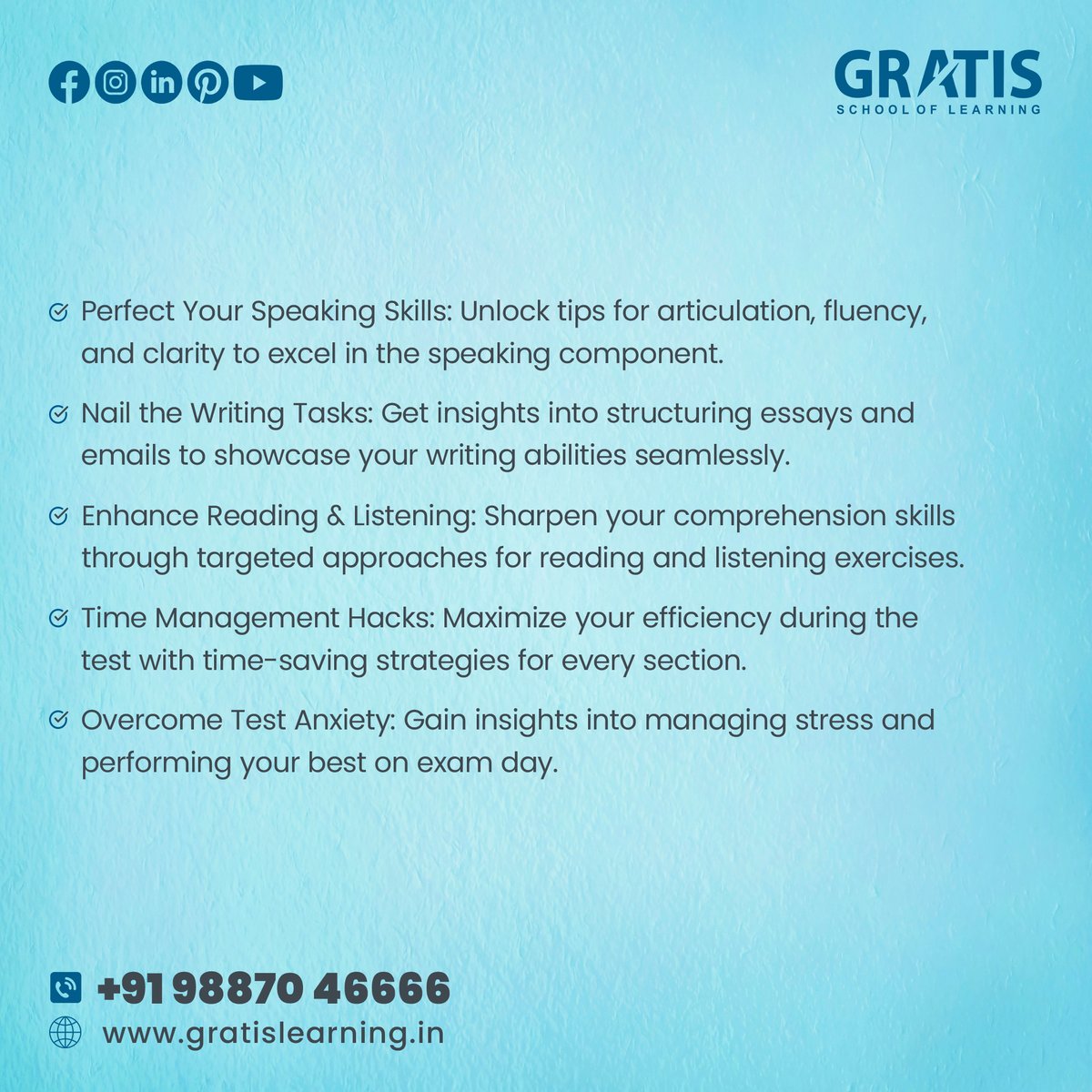 GratisLearning's tweet photo. Elevate Your Results: Elevate your chances of success by implementing these invaluable #tips and #techniques.
🌐https://t.co/1G7pyeht3e
☎️9887046666
#CELPIPExamTips #ExamTips #Tip #CELPIP #Exam #CELPIPExam #SpeakingSkills #WritingTasks #Reading #Listening #Speaking #Writing https://t.co/aCLhMGJ33C