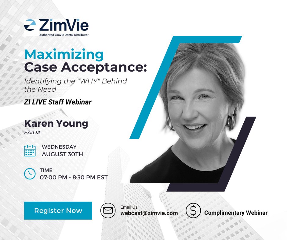 DentalLearning's tweet photo. Join us and guest speaker Karen Young, FAIDA, for ZimVie's live CE virtual webinar on WEDNESDAY, AUGUST 30. to learn the 'WHY' behind what we do as dental professionals. To register, or review our program objectives, click here: https://t.co/Wua8PNBx4N
#Webinars #Webcast #LiveCE https://t.co/HHuNGqptdu