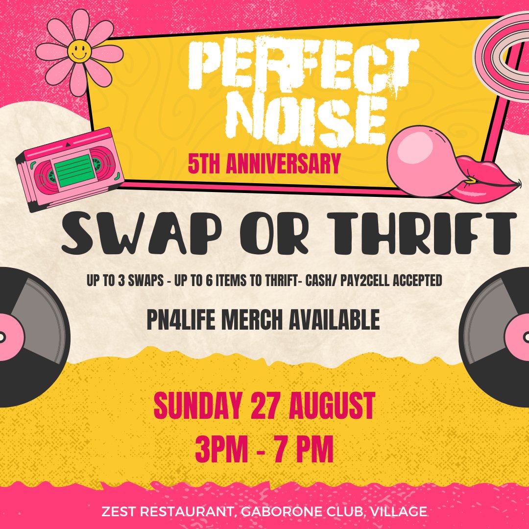 PerfectNoiseBw's tweet photo. π Join the party as The Perfect Noise Sessions turns 5! π₯³ Get your hands on exclusive 'PN4Life' tees for just P150 on Aug 27th. Don't miss out on this music history moment. See you there! β¨πΆ #PN4Life #ThePerfectNoiseSessions #SwapnThrift https://t.co/gtccA8RT0F