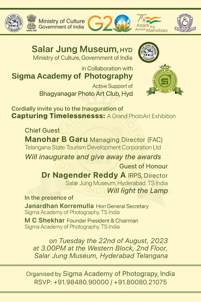 #newexhibition

Salar Jung Museum & Library invites you to this photo exhibition, 'Capturing Timelessness' in connection to World Photography Day. 

#SalarJungMuseum #AmritMahotsav #photographyexhibition