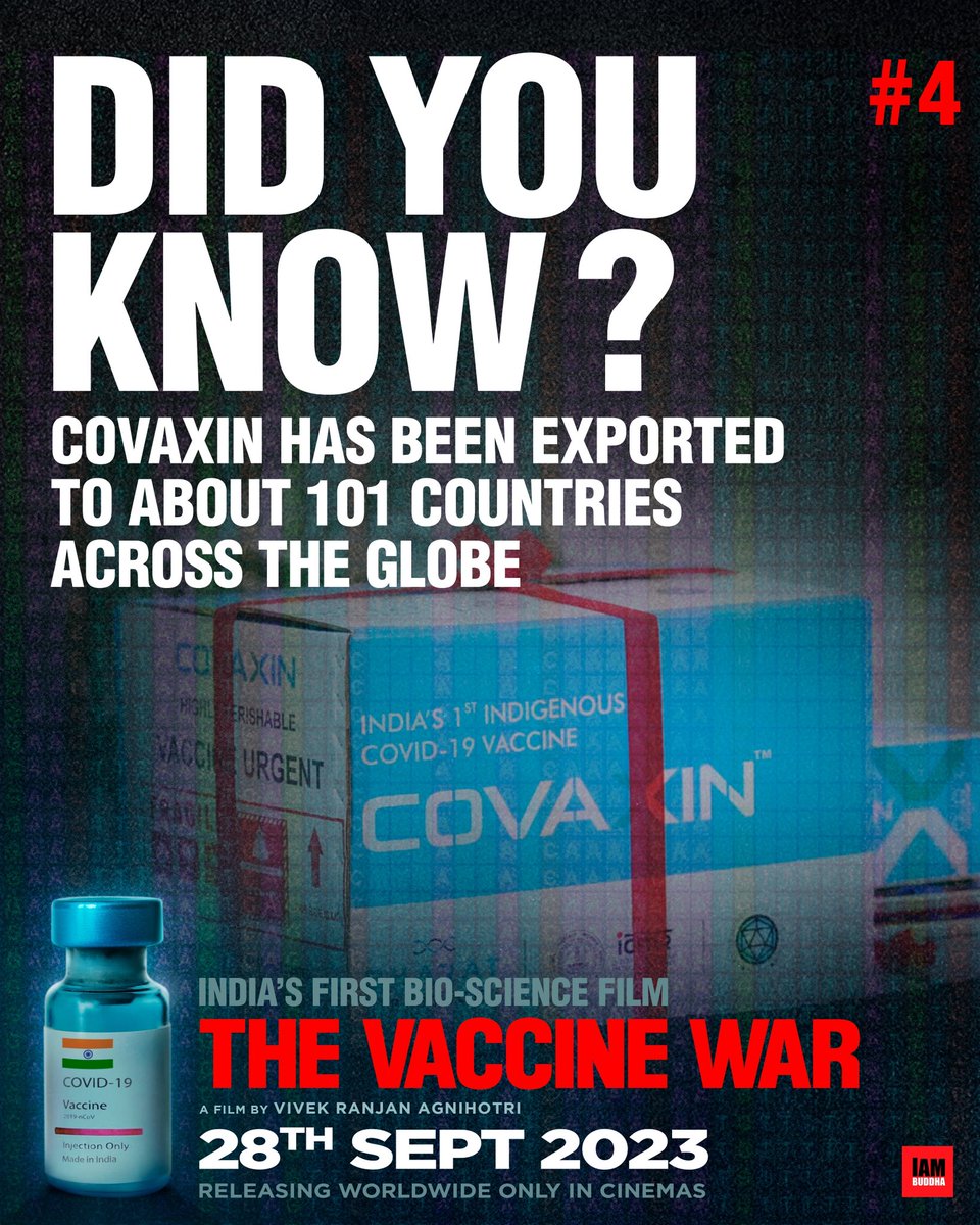 DID YOU KNOW? Covaxin has been exported to about 101 countries across the globe. #TheVaccineWar India’s first ever bio-science film is releasing on 28 September 2023. #ATrueStory #IndiaForHumanity