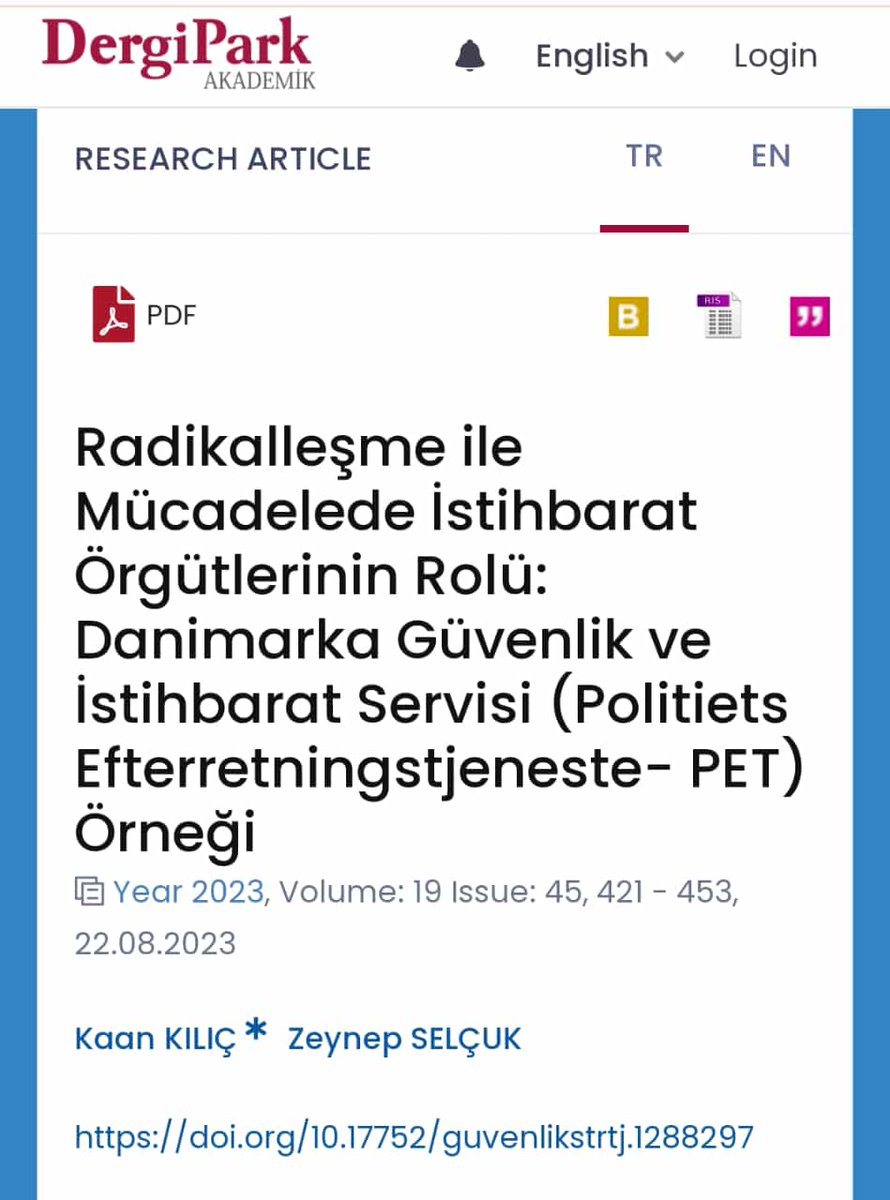 "Radikalleşme ile Mücadelede İstihbarat Örgütlerinin Rolü: Danimarka Güvenlik ve İstihbarat Servisi (Politiets Efterretningstjeneste- PET) Örneği" isimli makalemiz Güvenlik Stratejileri Dergisi Ağustos sayısında yayımlanmıştır. 
dergipark.org.tr/en/pub/guvenli…