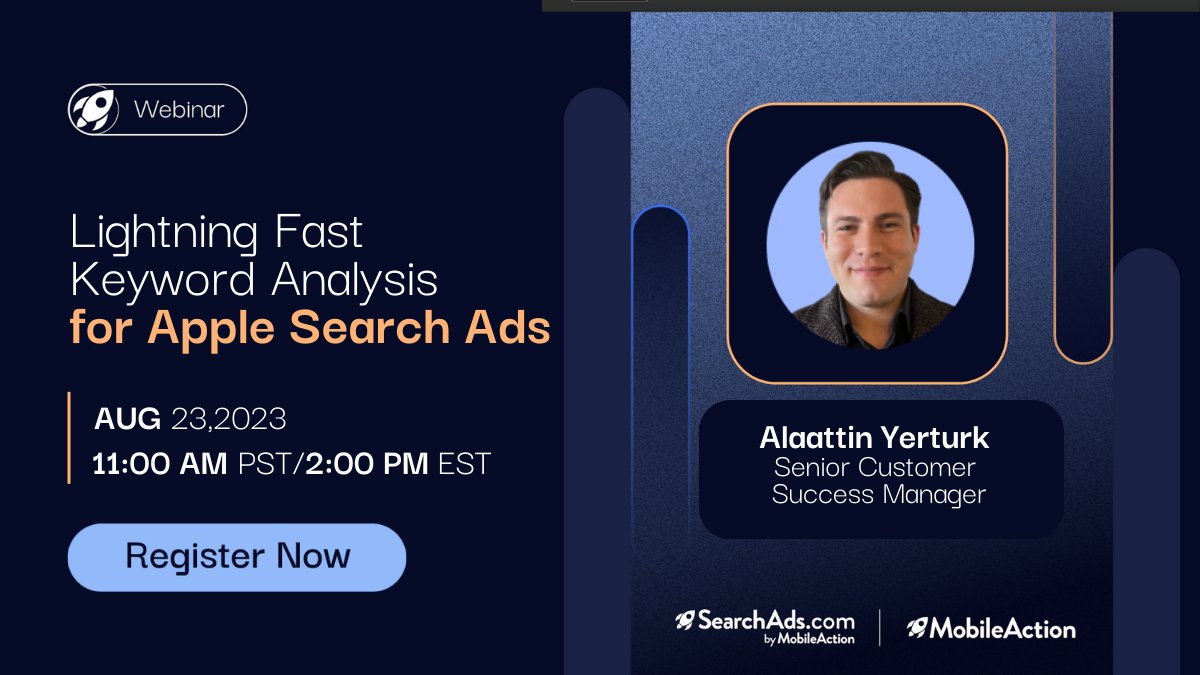 🚀 Who is ready for tomorrow? 🙋‍♀️ 🙋‍♂️

 ⚡️"Lightning Fast Keyword Analysis for Apple Search Ads" is just around the corner!

🗓️ Aug 23
⏰ 11:00 AM PST | 2:00 PM EST

🚨 Register now! bit.ly/3OIyd5s

#MobileAction #SearchAdscom #AppleSearchAds #AppStoreOptimization #ASO