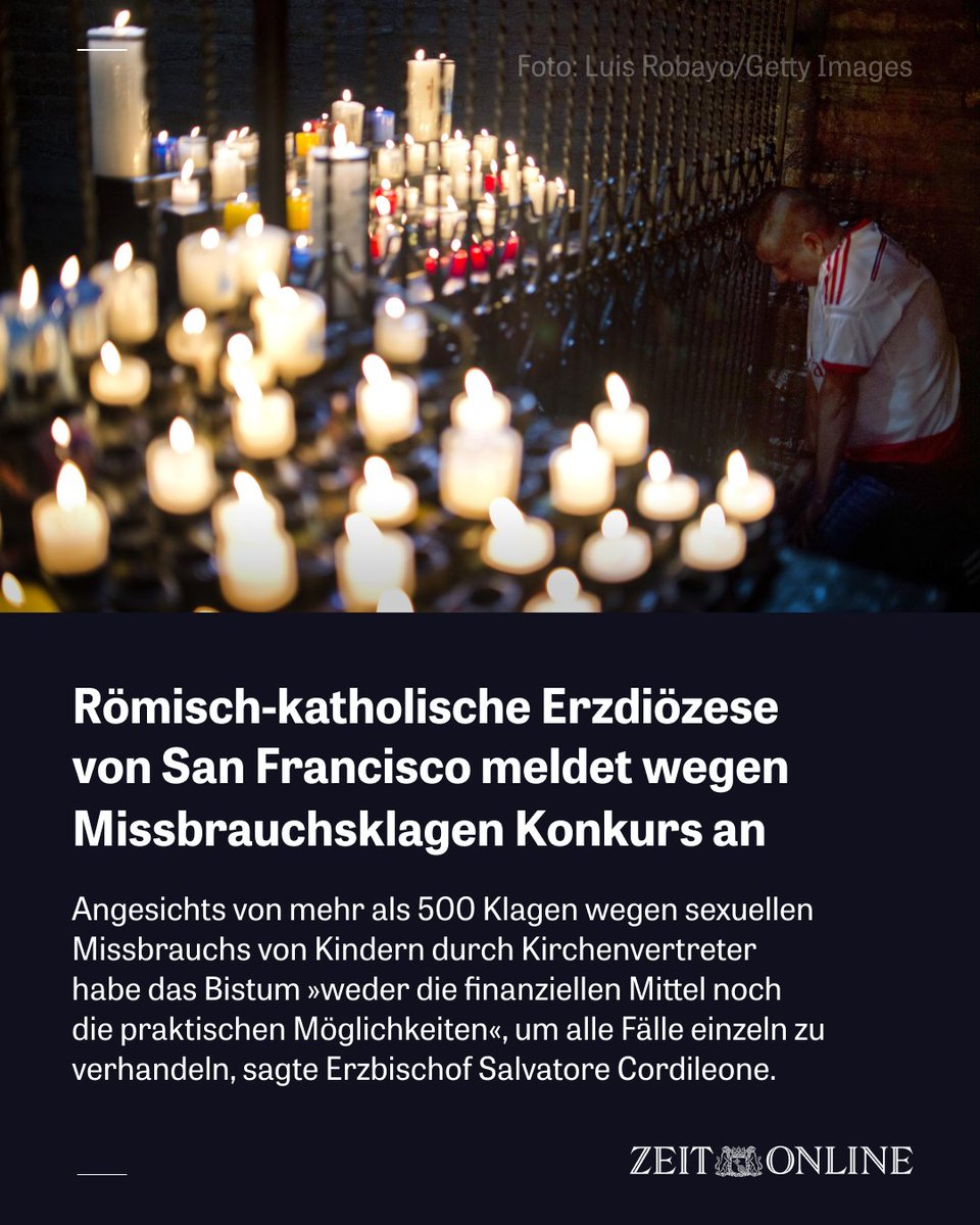 zeitonline's tweet photo. Mehr als 500 Kläger fordern Schmerzensgeld für den #Missbrauch durch Kirchenvertreter. Der Erzbischof von San Francisco spricht von einer Überforderung für die #Diözese https://t.co/htnFdNpflJ https://t.co/Jmo9FKLcbp