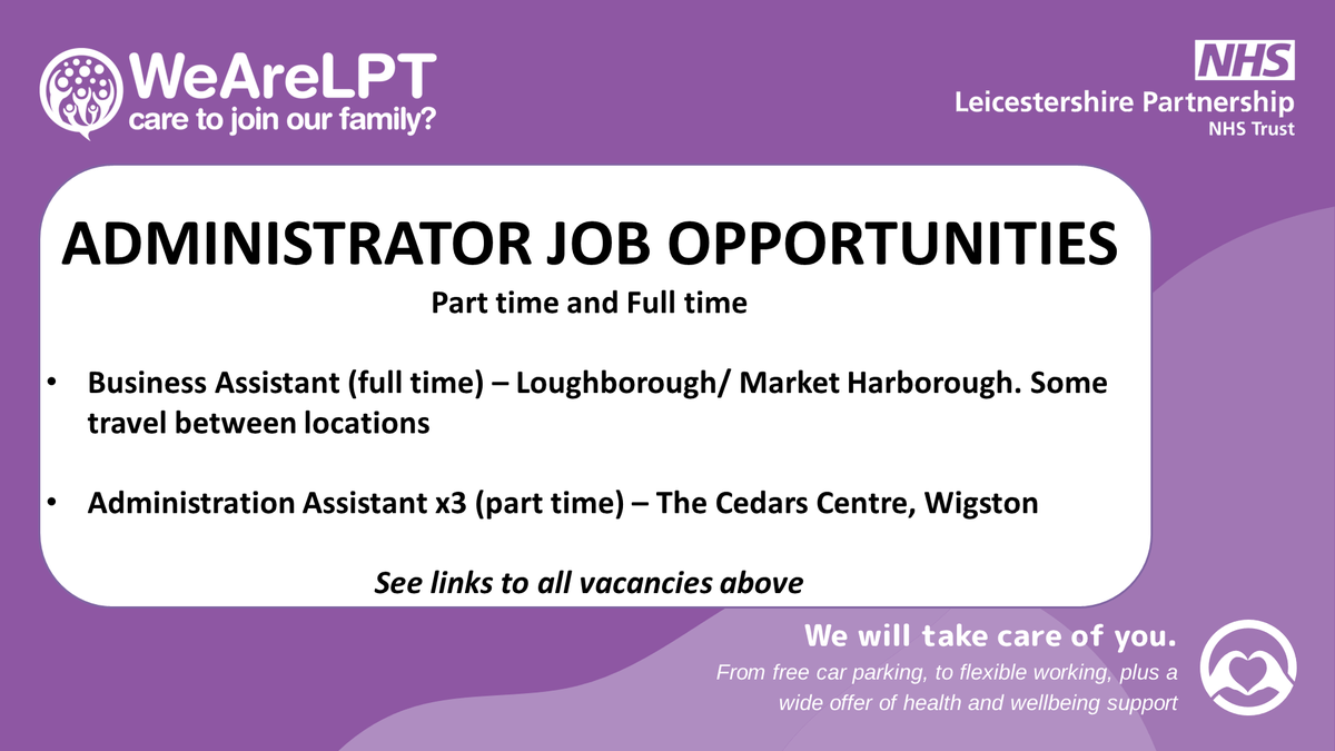 👀Admin Vacancies at <a href="/LPTnhs/">Leicestershire Partnership NHS Trust</a> !! Links to apply below👇
WIGSTON:
-Reception/Admin Asst (22.5hrs AM)
-Outpatient Booking Clerk/Admin Assistant (25hrs)
- Admin Assistant (30hrs)
jobs.nhs.uk/candidate/joba…
AND 
MKT HARB/L'BOROUGH:
Business Assistant (37.5 hours)
jobs.nhs.uk/candidate/joba…
