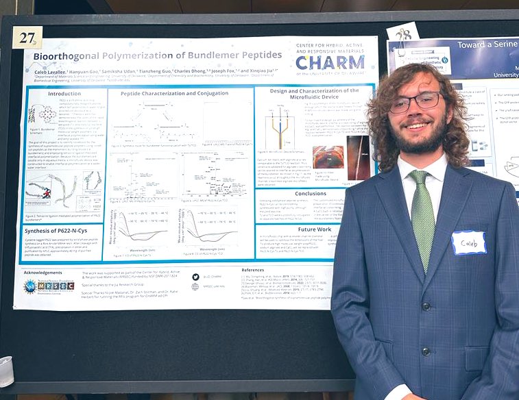 JiaResearchLab's tweet photo. CHARM REU undergraduate student Caleb Lavallee worked in our lab over the summer with grad mentors Hanyuan Gao and @samiksha_udan. He presented his exciting work on bundlemer peptides at undergraduate research poster session and UD summer research symposium! https://t.co/MLxyjEufEA