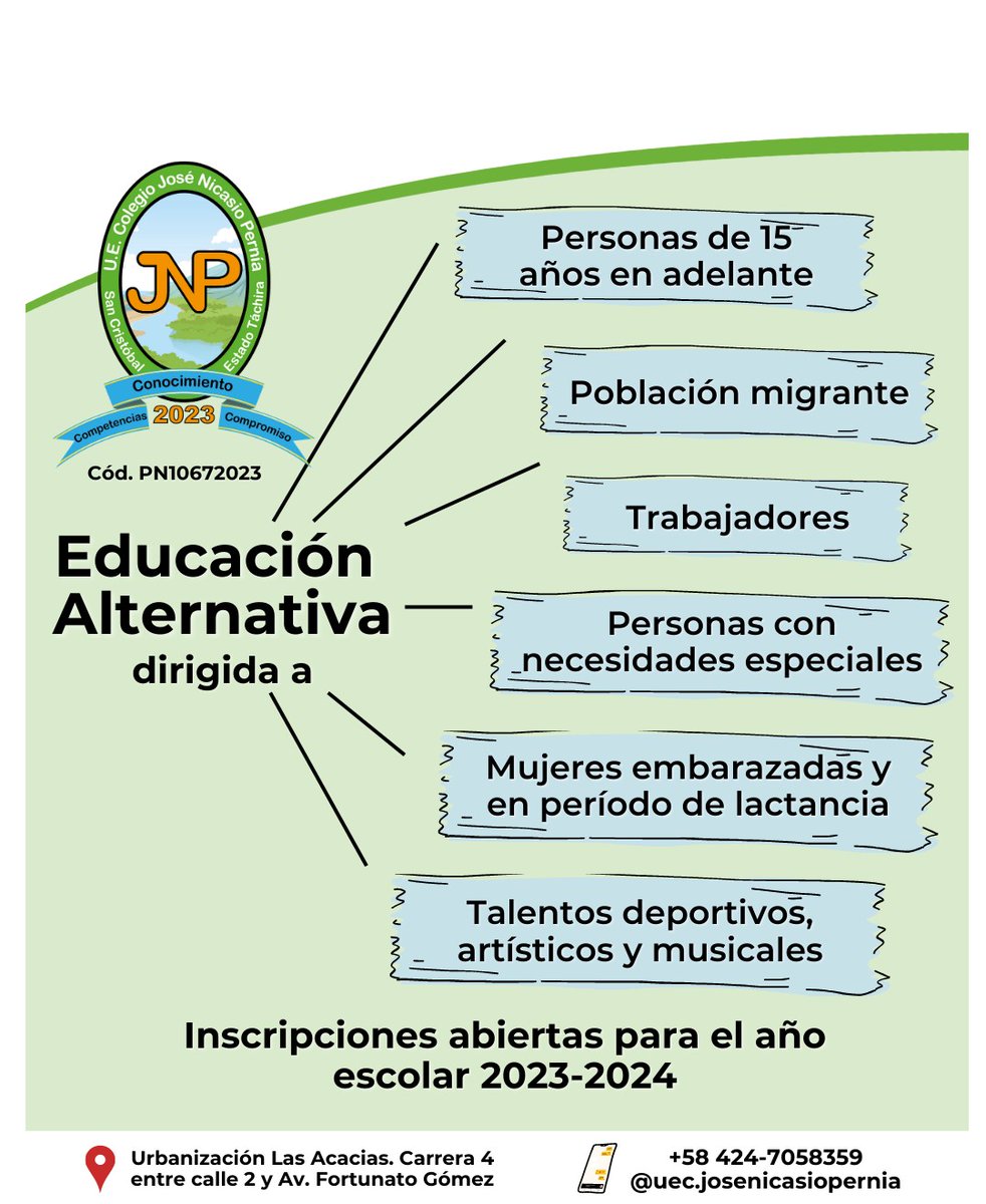 El Colegio José Nicasio Pernía es educación media general para adultos y jovenes desde los 15 años. Calidad educativa y humana. Método semipresencial con flexibilidad horaria para la culminación del Bachillerato en tres años.  (IG) @uec.josenicasiopernia. 04247058359 #Tachira