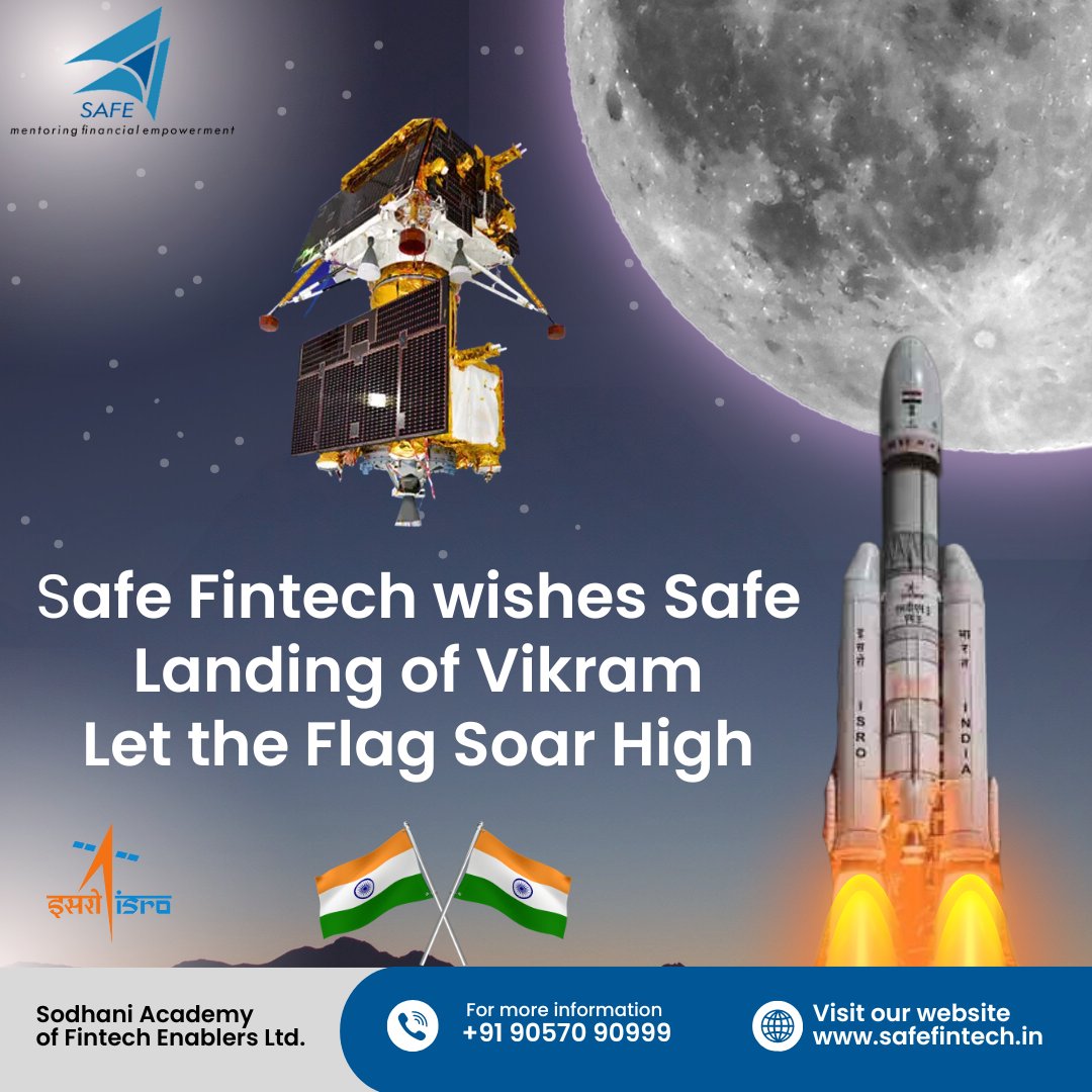 safefintech's tweet photo. A salute to accomplishment and safety! Safe Fintech extends its warm wishes for a safe landing to Vikram #safefintech #sodhaniinvestments #chandrayaan3 #isro #lunarlanding #vikramlander #proudofyouisro #isromissions #vikramlanderfound #vikramlander🇮🇳🚀 #indiamoonmission https://t.co/R322QDQqUw