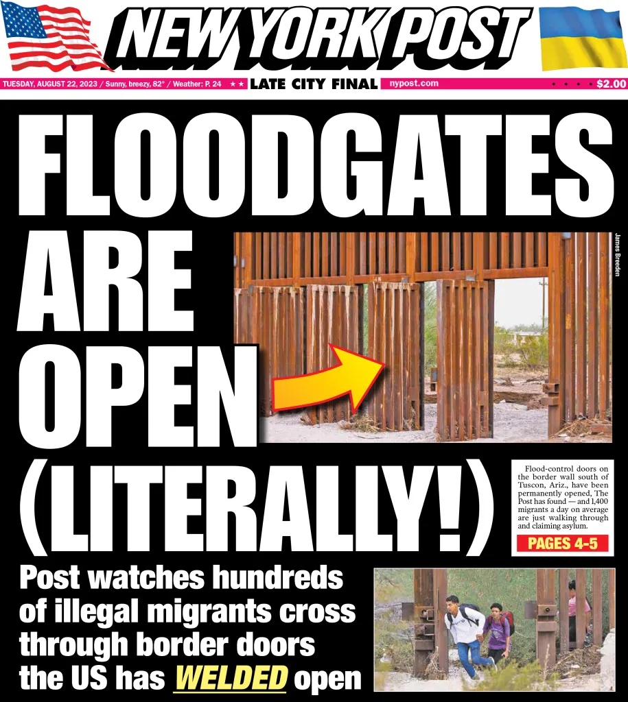 nypost's tweet photo. Today's cover: Open floodgates at Arizona border allow thousands of migrants to walk into the country https://t.co/16wYmTUnGY https://t.co/lCuA1MMcY4