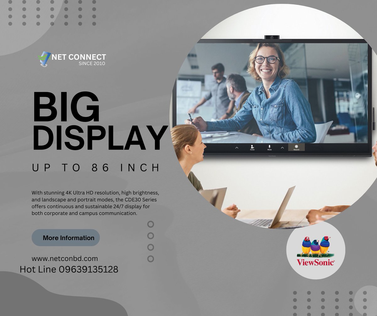 netconbd's tweet image. With stunning 4K Ultra HD resolution, high brightness, and landscape and portrait modes, the CDE30 Series offers continuous and sustainable 24/7 display for both corporate and campus communication. 

.
#VIEWSONIC #commercialdisplay #leddisplay #ledscreen