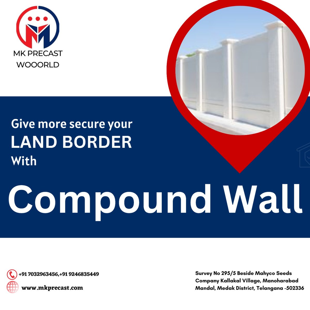 Secure your property with the utmost precision and durability. Discover the ideal solution to fortify your land's boundaries with MK Precast Wooorld's top-quality Compound Walls.
#MKPrecastWooorld #SecureYourBoundaries #SturdyProtection #PropertySafety #CustomizableDesigns #Sleek