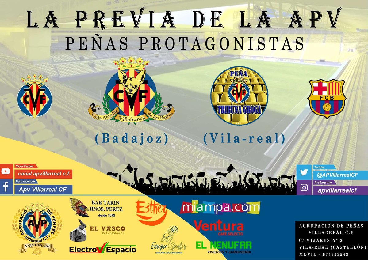 El domingo tenemos una cita con el <a href="/VillarrealCF/">Villarreal CF</a> en nuestra casa y como de costumbre amenizaremos la previa del partido en nuestra sede desde dos horas antes 🍻

Las peñas protagonistas serán <a href="/p_amarillavca/">Peña Amarilla Villafranca de los Barros</a> de Badajoz y Tribuna Groga de Vila-real que nos traerán varias sorpresas.
