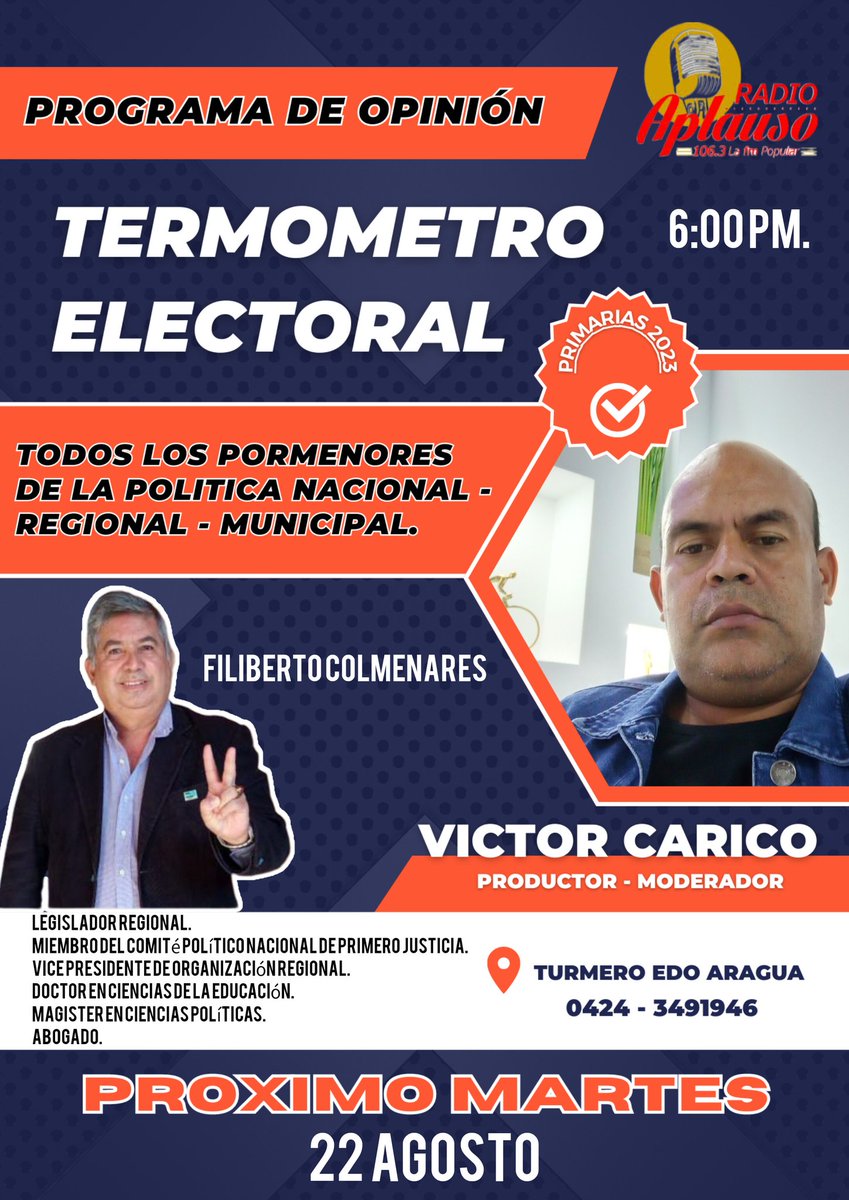 Hoy tendré como invitado especial al Dip CLEA @filcolpj en nuestro programa radial 'Termómetro Electoral' sintoniza desde las 6:00 pm APLAUSO 106.3 FM. Hoy estaremos tocando temas muy importantes de la política nacional, regional, y todo lo referente a las primarias. #Venezuela