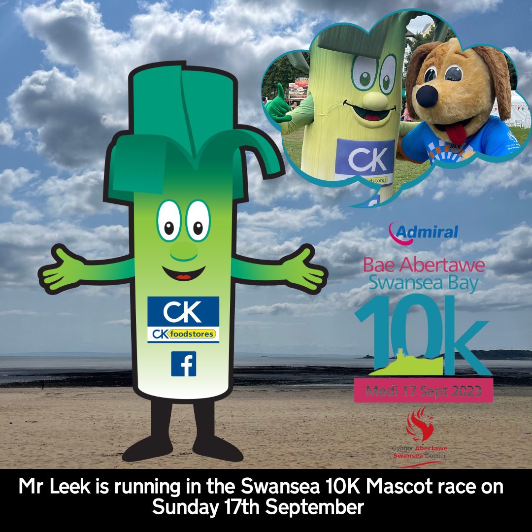 CKSupermarkets's tweet photo. Ultra competitive Mr Leek is back in training for the Admiral Swansea Bay 10k mascot race again this year. The race is on 17th September and goes off just after the main race. 
Tell us which mascot you’ll be cheering for? 
 #wales #runners #running #leek #mascot #mascotrace https://t.co/Qiggfy4ZJT