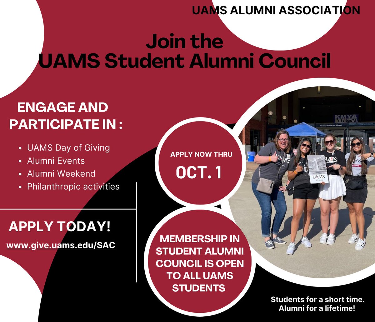 Applications are now being accepted for the Student Alumni Council (SAC), a leadership organization sponsored by the UAMS Alumni Association. The SAC is open to students in all UAMS colleges and the graduate school. Applications will be accepted through October 1.