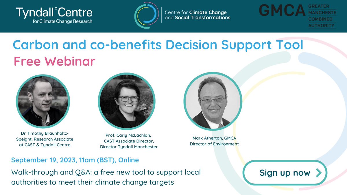 On September 19th at 11am, join us for a live walk-through of our free Decision Support Tool designed to help local authorities reach their climate change targets, developed by CAST, @TyndallCentre & @TyndallManc with @GMGreenCity. Sign up for free: eventbrite.com/e/carbon-and-c…