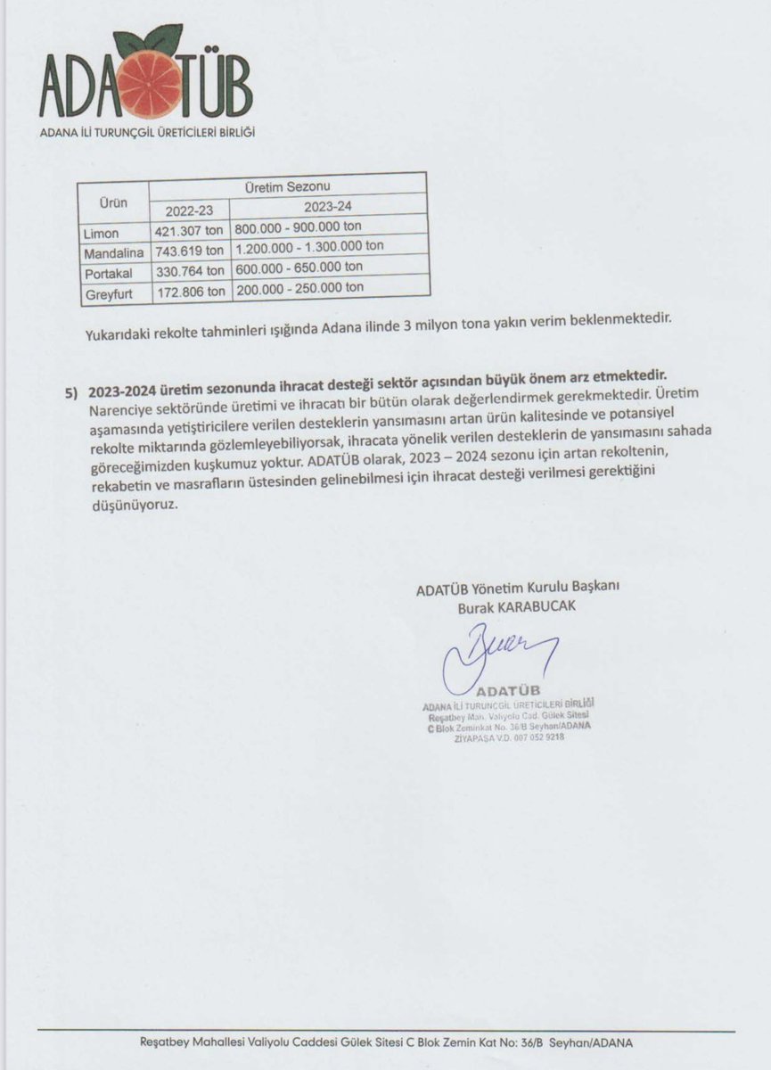 Adana Turunçgil Üreticileri Birliği (ADATÜB) tarafından, başkan <a href="/brkkarabucak/">bkarabucak</a> imzalı yayınlanan rapora göre bu yıl sadece Adana’da 3 milyon tondan fazla narenciye üretimi tahmin ediliyor. İhracata destek erken açıklanırsa 1 milyar $ hedefini geçeriz, yoksa emeklere yazık olur..