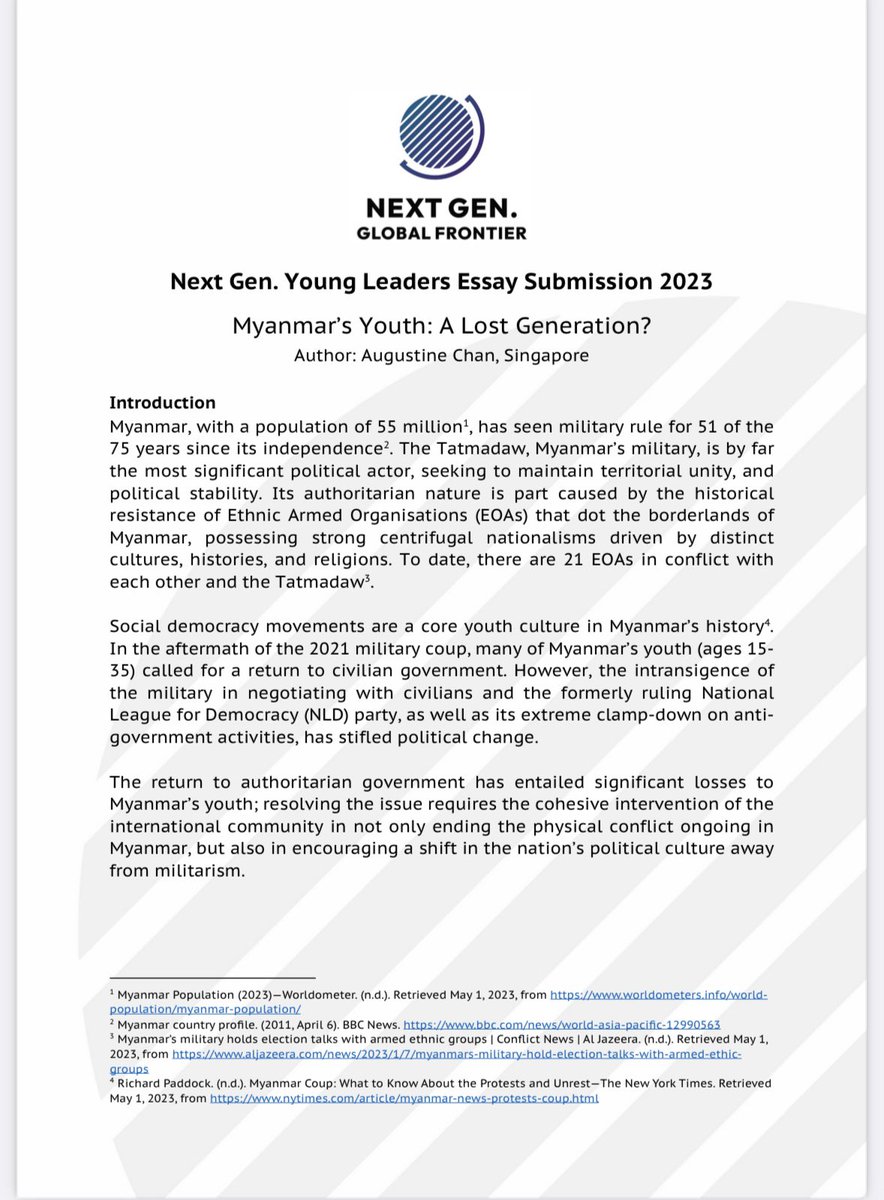 nggf_official's tweet photo. In the #NextGenYoungLeaders essay submission, Augustine Chan reflected on the short and long-term goals needed to revive youth engagement in the transition towards inclusive and democratic governance in Myanmar.

#NGGF #SDG10 #SDG16 

Read here: https://t.co/ZiYtIS5i2j https://t.co/I6cWceIu6C