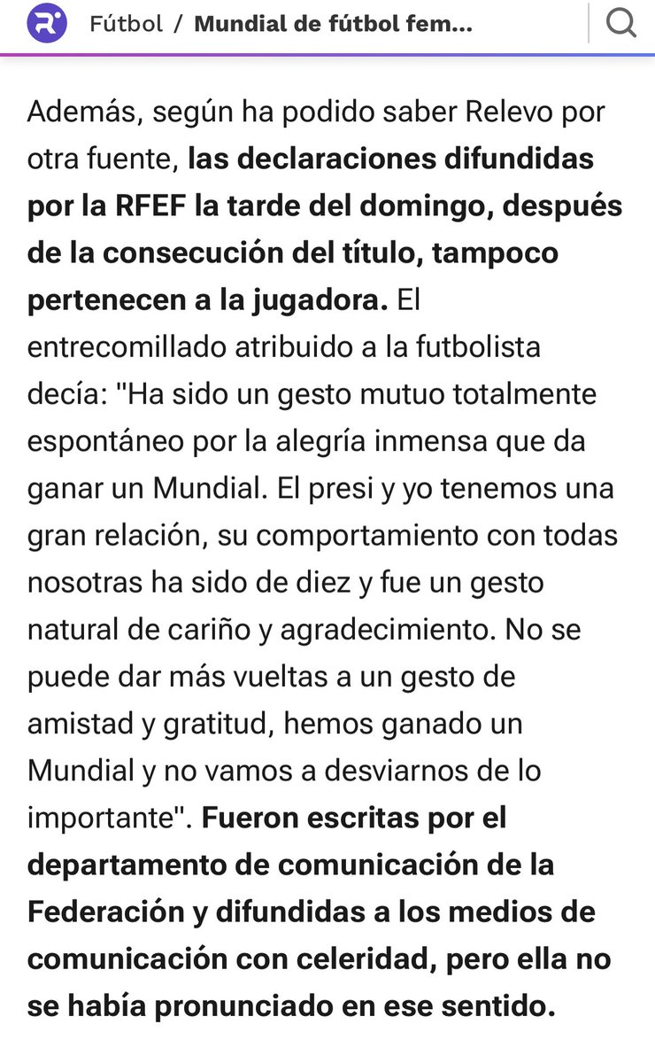 Ojo. 

Tremendo y gravísimo. Las declaraciones de Hermoso recogidas por la agencia EFE a través de un comunicado de la Federación NO pertenecen a la jugadora.

“Fueron escritas por el departamento de Comunicación, pero ella no se había pronunciado en ese sentido”.
