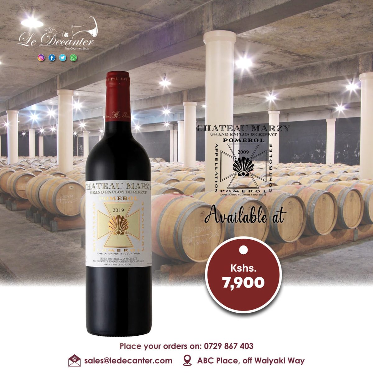 Chateau Marzy Pomerol pomerol is a red wine from Bordeaux region in France. It is a blend of Carbernet Sauvignon, Carbenet Franc and Merlot. It is bold and full bodied. Available at our shop for only 7,900/= To order kindly Call / WhatsApp us on 0729867403