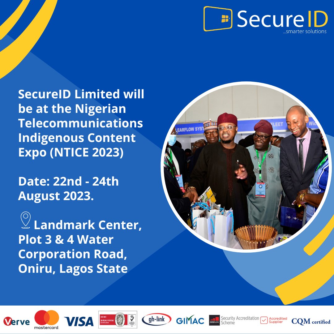 secureidltd's tweet photo. 📢 Exciting News! 📡 SecureID Limited is thrilled to be part of the Nigerian Telecommunication Indigenous Content Expo (NTICE 2023)! 🇳🇬 Join us from August 22nd to 24th at the prestigious Landmark Center in Lagos State. 📍🎉 https://t.co/xSjD1RgjpJ