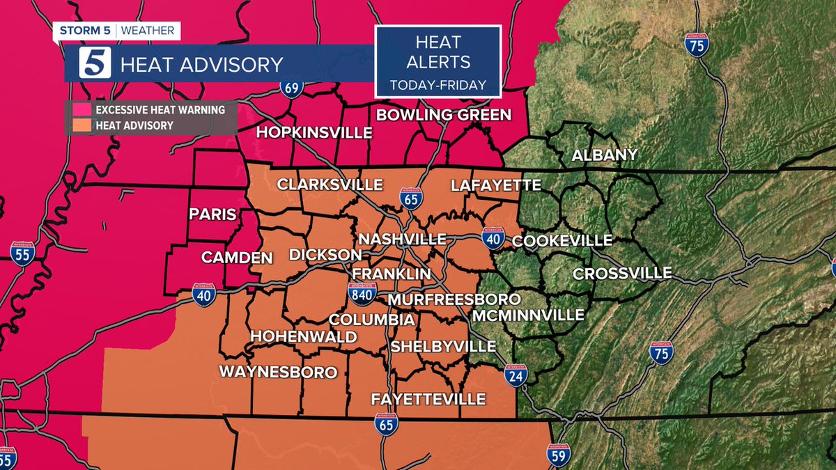 Dangerous Heat for a large part of the U.S. This has prompted excessive heat warnings and advisories for most of the #NC5 area through Friday. Heat Tips: Check on your elderly neighbors | Stay Hydrated | Wear Light Color Clothing | Stay #HeatSafe #tnwx #kywx #Storm5Weather