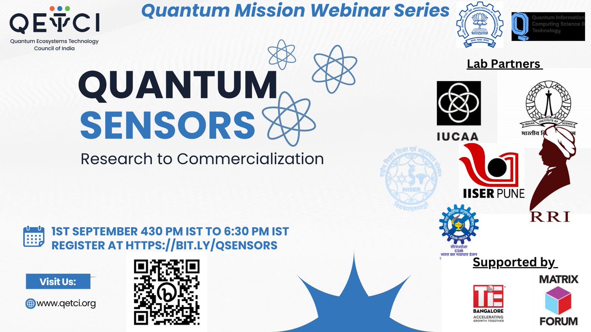 Join us on the 1st of September for a session on #QuantumSensors at 4:30 PM IST. 
Register at bit.ly/qsensors
Speakers from various Labs will talk about their work, inviting partnerships, including startups. Kasturi Saha   <a href="/ArindamPhysics/">Arindam Ghosh</a> <a href="/RapolUmakant/">Umakant Rapol</a>