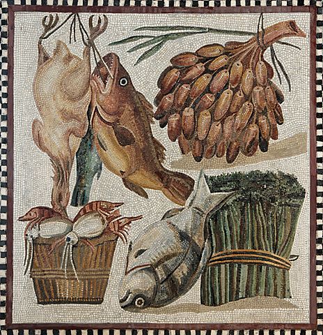 古代ローマの食材。アピキウスの料理書など当時のレシピを眺めてみると、味付けは魚醤のガルムをベースに蜂蜜で甘みを加え、ハーブや香辛料をふんだんに使っている。想像するに、甘辛くスパイシーな味付けがご馳走だったのだろう。 