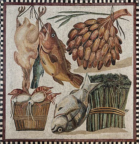 古代ローマの食材。アピキウスの料理書など当時のレシピを眺めてみると、味付けは魚醤のガルムをベースに蜂蜜で甘みを加え、ハーブや香辛料をふんだんに使っている。想像するに、甘辛くスパイシーな味付けがご馳走だったのだろう。 