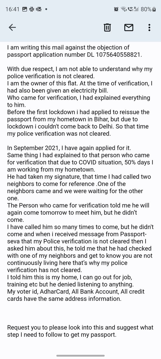 Bikku1980's tweet photo. @rpodelhi passport application number DL 1075640558821.
With due respect, I am not able to understand why my police verification is not cleared.
I am the owner of this flat. At the time of verification, I had also been given an electricity bill.
Who came for verification. https://t.co/nSxEtyqulI