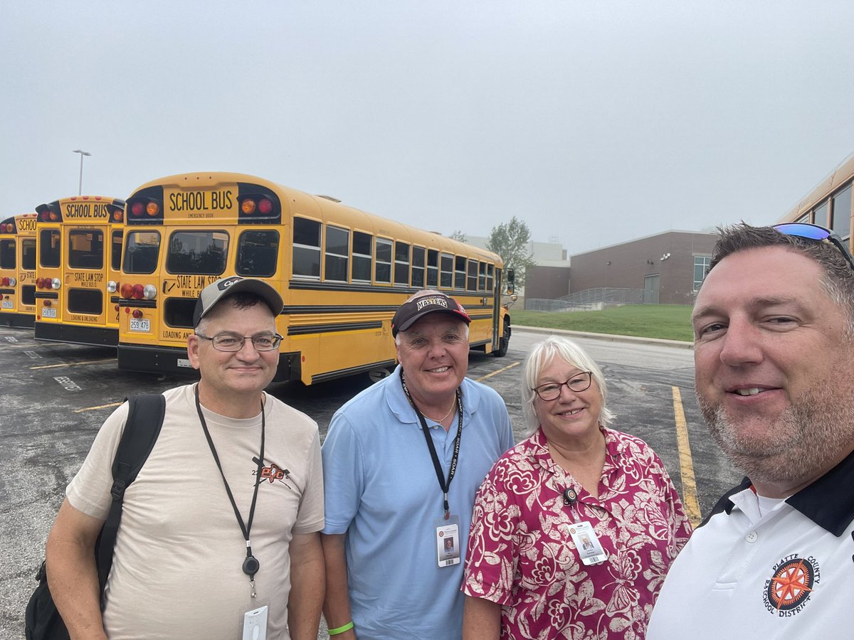Noller7Director's tweet photo. I love being a parent in this district and working for this district!  Happy #PCR3FirstDay! A new high schooler and a new @PlattePurchase 6th grader and a few of my awesome bus driver friends!  Great way to start a school year! https://t.co/Dg0pQjv1MN