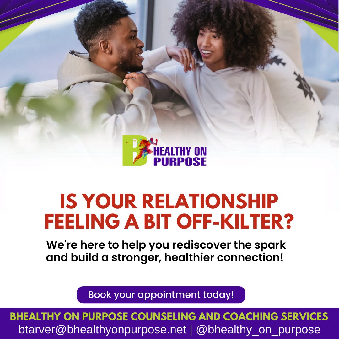 We are experienced marriage counselors who provide a safe space for open communication, understanding, and growth.

Book your appointment today!

#bhealthyonpurpose #wellnesscoach #MarriageCounseling #healthandwellness #MarriageCounselingMatters