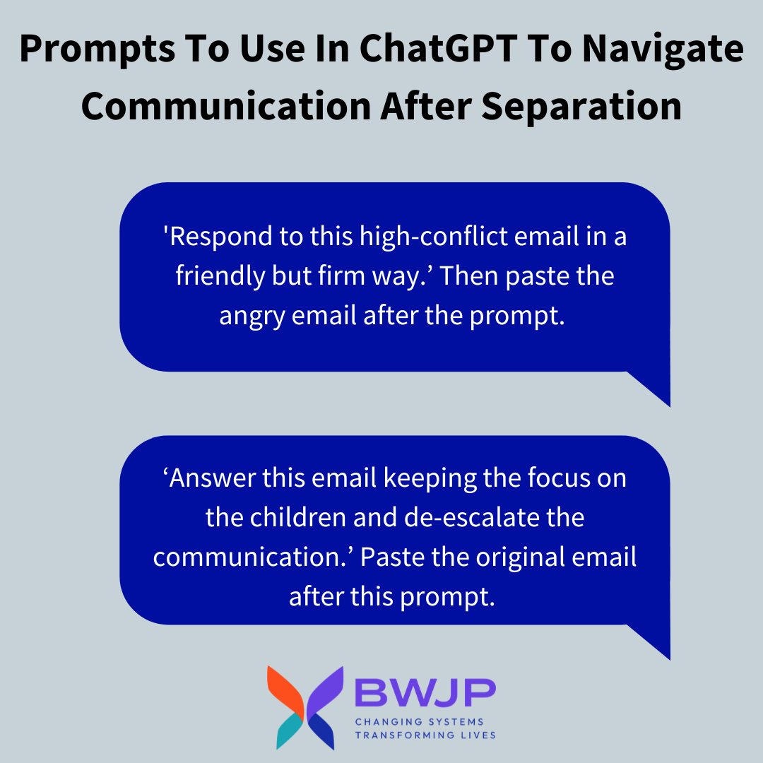ChatGPT is the newest in AI you can interact with using a chat function. This free program can simplify communications with a high-conflict email keeping the focus on the children. Read more here: bwjp.org/post-separatio… #NewArticle #HighConflictCommunication