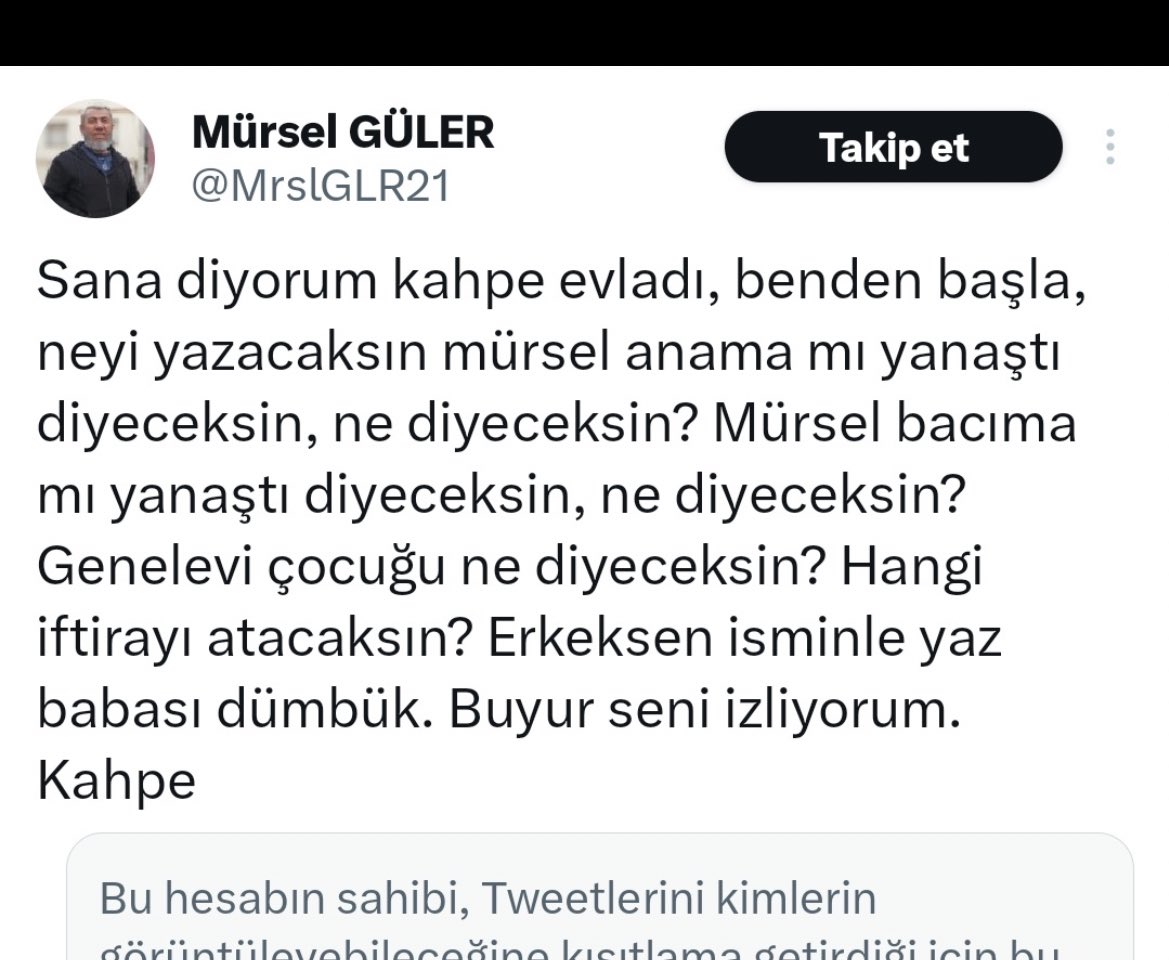 Ne çirkin bir üslup, ne kadar da iğrenç ifadeler.. Bir insanın ana/babasına sövülür mü? Onların eli/ayağı öpülür

Seni üç ay önce fitne ve ihanete sürükleyen de öfkendi, bugün insanların ana/babasına küfrettiren de öfken

Mürsel Güler anla artık
Öfke, kibir ve kin seni mahvetti!