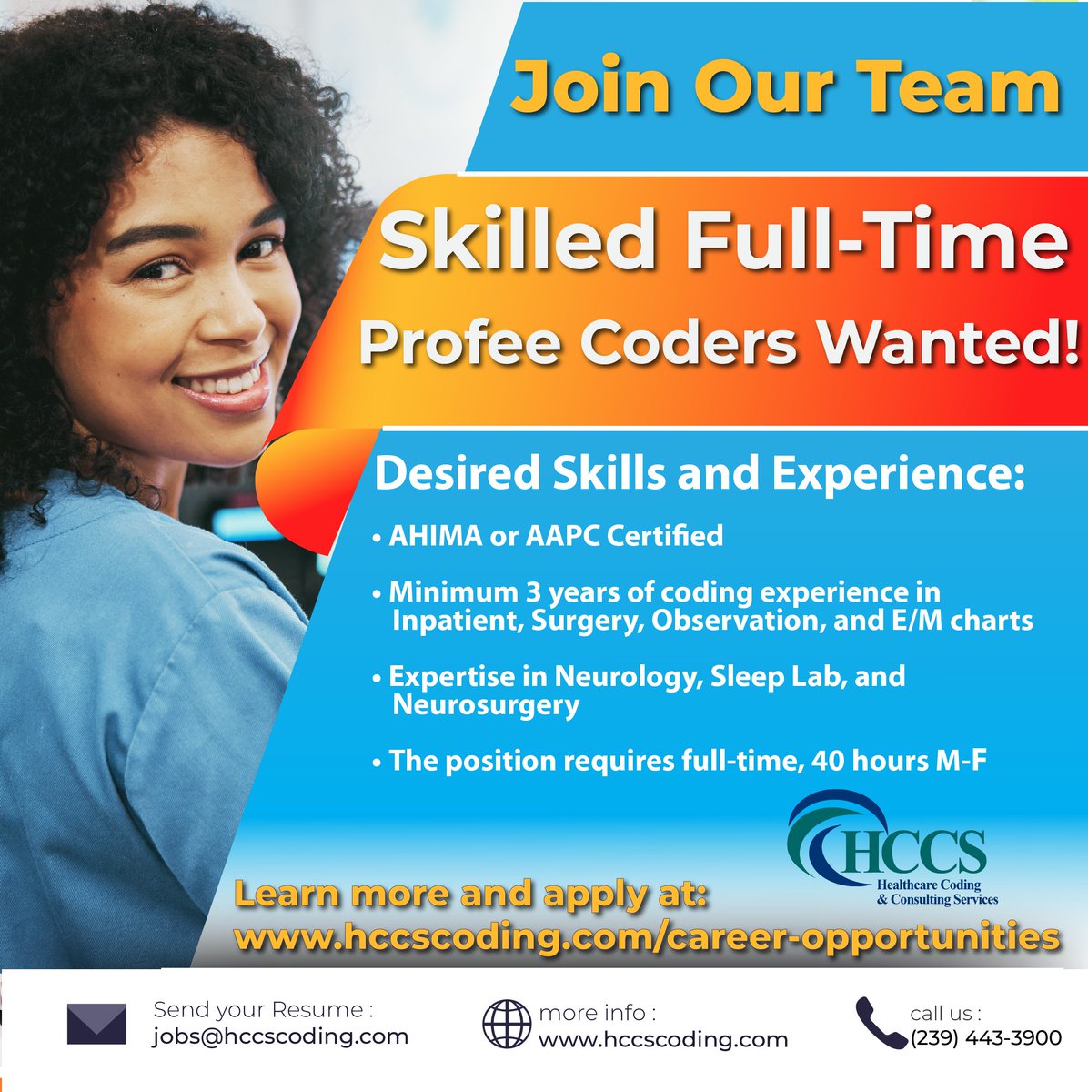 HCCSCoding's tweet photo. 🌟 Join Our Team: Skilled Full-Time Profee Coders Wanted! 🌟
    AHIMA or AAPC Certified ✅
    3+ years coding in Inpatient, Surgery, E/M charts 📊
    Expertise in Neurology, Sleep Lab, Neurosurgery 
Apply now:  jobs@hccscoding.com
#ProfeeCoders #AHIMA #AAPC #JoinOurTeam https://t.co/kdAEoWZvj1