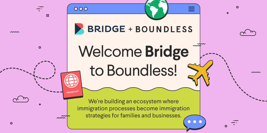 chooseboundless's tweet photo. 🌎✈️  Big news! Boundless + Bridge = joining forces to support immigrant employees, businesses, and families.  Discover the future of global opportunities straight from CEO @xiaowa https://t.co/a9AA6FKC4z

#boundlessimmigration #bridgeimmigration https://t.co/PqwgYab2I7