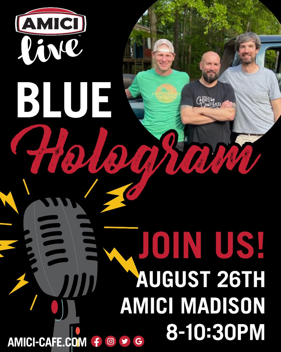 amicimadison's tweet photo. Join us THIS SATURDAY for Blue Hologram L I V E!π€©
#LiveMusic #Amici #AmiciLIVE #music #Madison #fun #SaturdayNight #datenight #local #musician #liveshow #foodie #pizzawingsfriends #BlueHologram https://t.co/TI3KoiRs9G