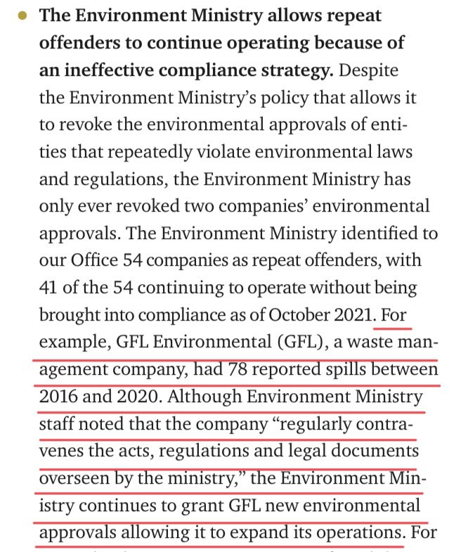The growth-focused and highly-leveraged GFL, which recently expanded into the roadbuilding business, was called out as a repeat offender in the Auditor General’s 2021 report on hazardous spills auditor.on.ca/en/content/ann… #onpoli